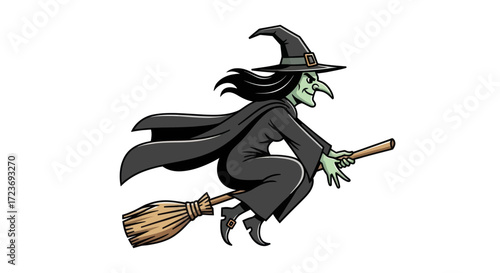 Cartoon Witch Flying on Broomstick with Green Skin and Black Attire.