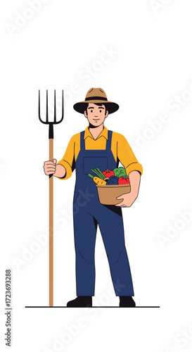 A happy farmer holding a pitchfork and basket of fresh vegetables.