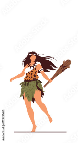 A prehistoric woman wearing animal skins and holding a club.