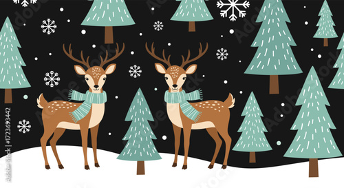 Winter forest scene with two deer and pine trees under snowfall.