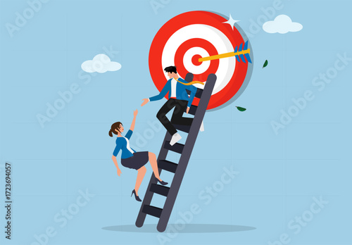 Business team helping each other climb ladder to achieve target goal success teamwork