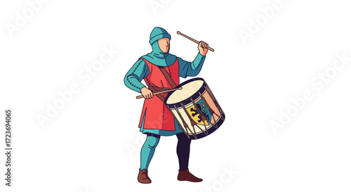 Medieval Drummer in Red and Teal Clothing Playing a Drum.