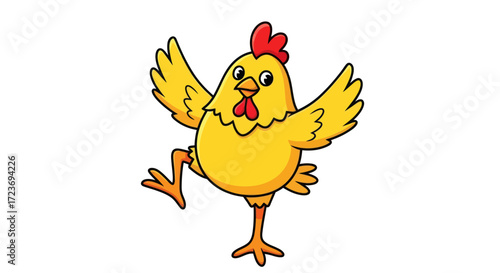 A cheerful yellow cartoon chicken character dancing happily on one leg with its wings spread wide.