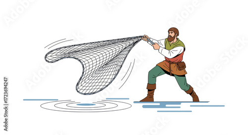 Medieval Fisherman Casting Large Net into Water.