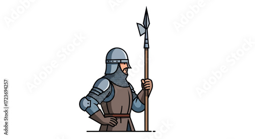 Medieval Knight Holding a Spear Wearing Armor and Chainmail.