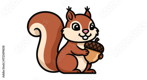 Cartoon Squirrel Holding Acorn with Bushy Tail and Cheerful Expression.
