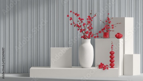 Minimalist Still Life with Red Berries in a White Vase on Geometric Podiums.