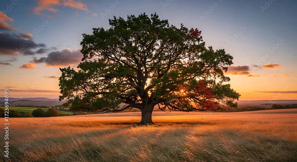 Fototapeta premium Lone tree in golden field at sunset, a serene landscape.
