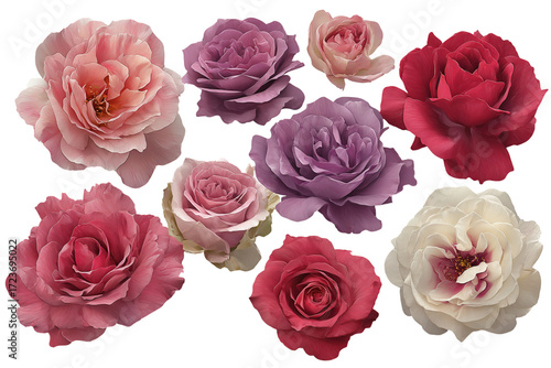Assorted colorful roses top view isolated PNG