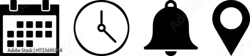 Calendar, clock, bell, and location pin icons