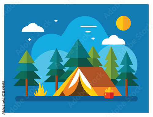 Camping adventure with tent campfire and nature scenery in flat design