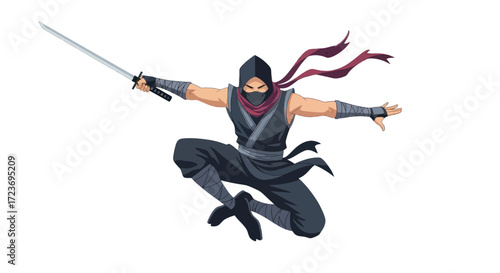 A dynamic illustration of a Japanese ninja warrior in mid-air brandishing a katana sword.