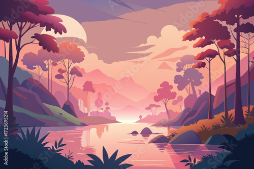 Dreamy sunset landscape illustration with tranquil river, soft light, and forested hills perfect for calming backgrounds or creative projects
