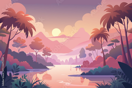 Stunning landscape with tropical trees reflecting in calm water at sunset, perfect for relaxation and travel-themed designs, calming and peaceful scene