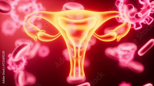Uterus and blood cells, medical biological concept, 3d rendering.
