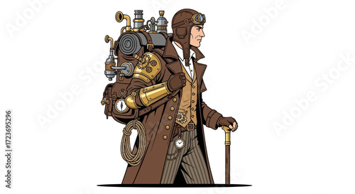 Illustrated Steampunk Traveler with Goggles Mechanical Backpack and Cane.
