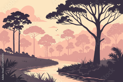 Serene vector landscape illustration of a river flowing through a forest, perfect for nature lovers and outdoor enthusiasts seeking a tranquil escape