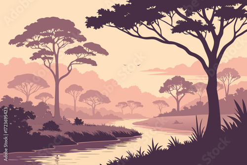 Tranquil African savanna landscape with winding river, lush trees, and soft sunset hues offering serene nature vibes for editorial projects and travel promotion