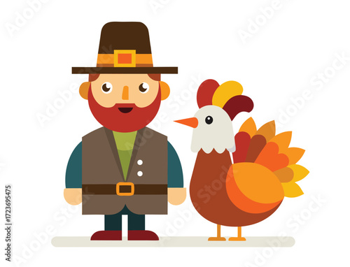 Cartoon pilgrim with beard and turkey for Thanksgiving celebration
