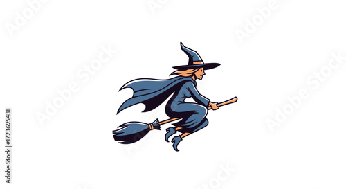 Cartoon witch in a blue cloak and pointy hat flying on a broomstick.