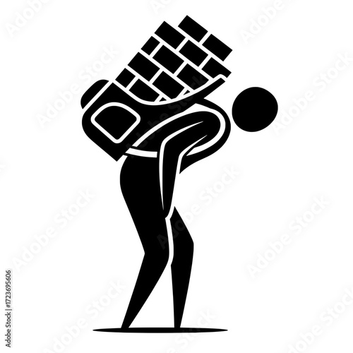 Person carrying heavy burden of bricks vector icon. A concept for responsibility, pressure, and emotional baggage.
