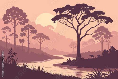 Serene African savanna landscape with river and animal silhouette at sunset, beautiful nature scenery, peaceful outdoor environment, vector illustration