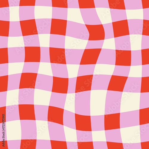 Quirky hand drawn checkered seamless pattern. Vector flat vibrant background with distorted checks in contemporary modern style. Wavy vichy print