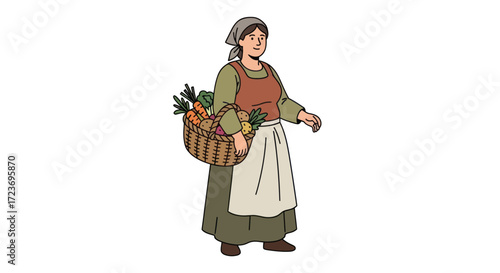 Illustrated Peasant Woman Carrying Basket of Fresh Farm Vegetables.