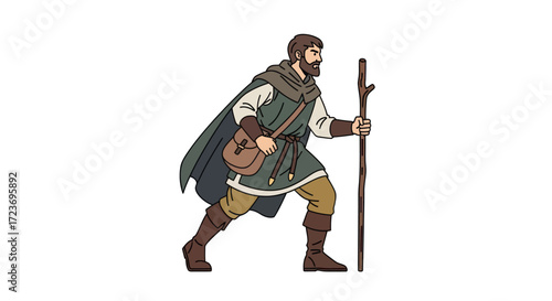 Medieval Traveler with Staff and Baggage.