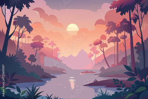 Serene tropical river landscape at sunset, beautiful silhouette of lush foliage and misty mountains, peaceful scenery for travel advertising campaigns
