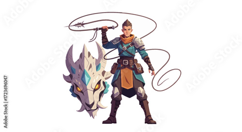 Female Warrior with Whip and Dragon Mask.