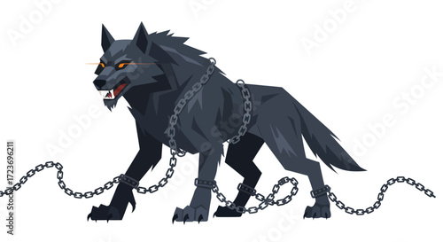 Chained Grey Wolf Low-Poly Style Illustration.