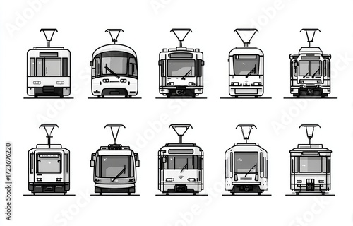 Nine line art illustrations of various light rail or streetcar front profiles.  Simple, graphic style.  Each vehicle is presented in a frontal view.  White silhouettes against a white background. 