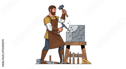 Medieval Stonemason Carving Stone with Hammer and Chisel.