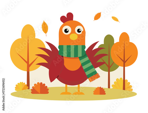 Cartoon rooster wearing a scarf in an autumn landscape illustration