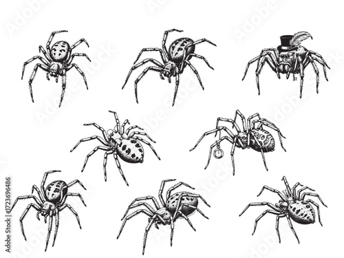Engraved Halloween Spider Vintage Etching Creepy Insect Vector Illustration