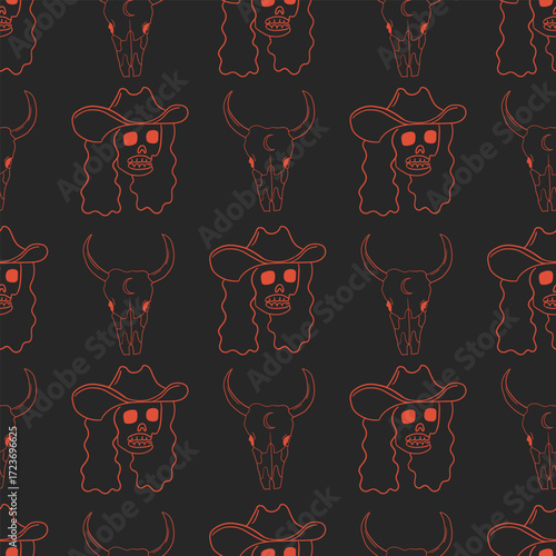 Mystical gothic seamless pattern with hand drawn line bull skull and human skull in cowboy hat. Vector dark background in western style
