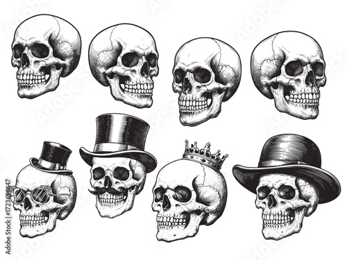Engraved Halloween Skull Creepy Horror Vintage Etching Vector Illustration