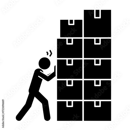 Person pushing a heavy stack of boxes vector icon. A concept for workload, pressure, and struggle.
