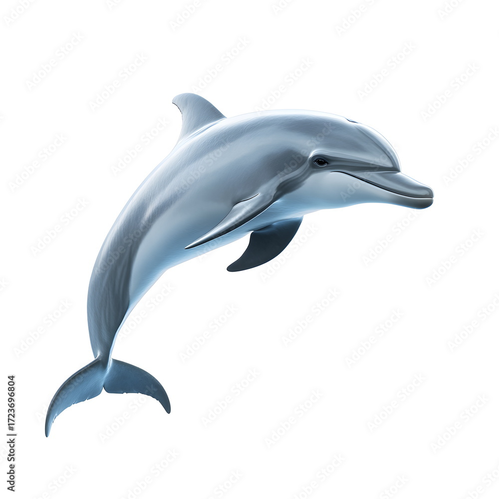 Obraz premium Realistic full-body side view portrait of a dolphin with smooth gray-blue skin, playful pose, cinematic lighting, soft shadows, and sharp focus on a clean white background, highly detailed and high.