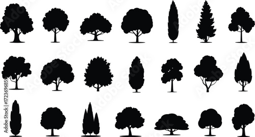 Tree silhouette vector illustration collection with various forest plants, nature icons, park trees, black shapes, eco friendly landscape design elements.