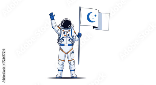 Astronaut Planting a Crescent Moon Flag on Lunar Surface.