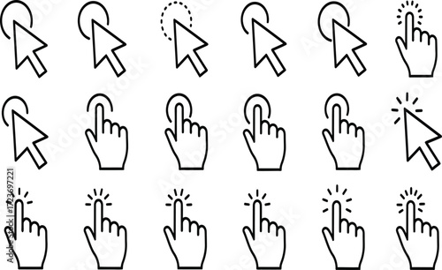 Collection of various cursor and hand icons depicting different mouse actions and interactions.