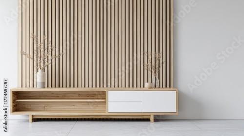 Wallpaper Mural midcentury. A modern living room with mid-century furniture, featuring warm wood tones and open space. real-estate listings. Torontodigital.ca