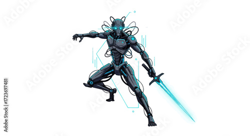 Futuristic Cyborg Warrior with Glowing Blue Sword and Cat Ears.