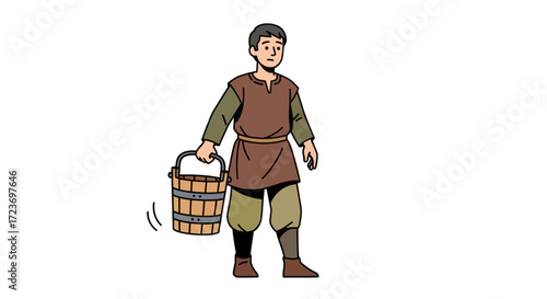 Medieval Peasant Boy Carrying Wooden Bucket.