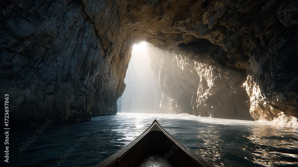 Fototapeta premium Ship sailing out of a cave with sunlight shining through the entrance, symbolizing a feeling of hope.