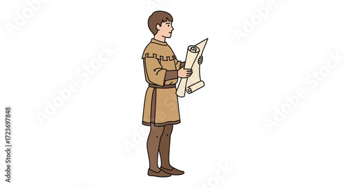 Young boy in medieval tunic holding a scroll.