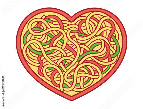 Heart shaped spaghetti pasta illustration colorful and creative food concept
