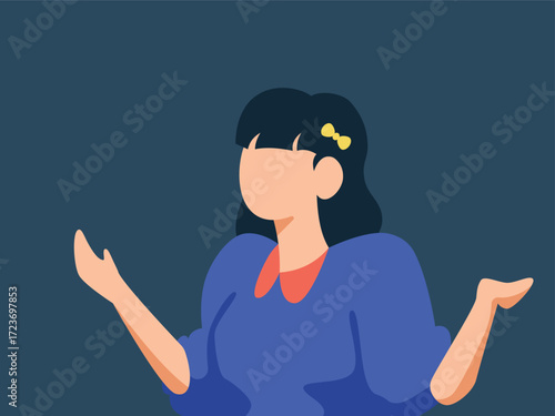 A vector illustration of a woman with a blank face making a "I don't know" gesture, shrugging with her hands up